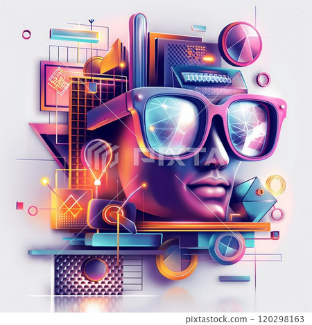 Futuristic 3D illustration face VR glasses geometric shapes neon colors 120298163