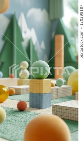 Playful scene of colorful geometric shapes and spheres arranged in a creative landscape illustration 120298187