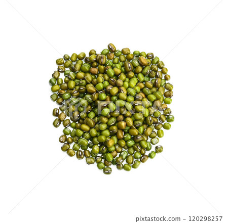 Green mung beans (Vigna radiata) isolated on white background. Top view. Flat lay. 120298257