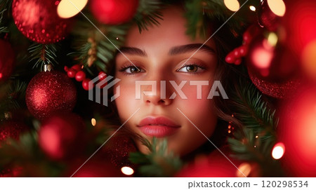 Close-up portrait young woman framed red Christmas ornaments pine branches 120298534