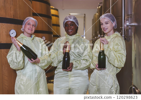 Winemaker working in modern large winery factory liquor drink industry quality. Staff inspecting wine in modern wine factory. Winery manufacturing quality control. Alcohol and wine winemaking process Winemaker working in modern large winery factory liquor drink industry quality. Staff inspecting wine in modern wine factory. Winery manufacturing quality control. Alcohol and wine winemaking process 120298623