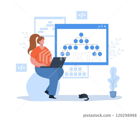 Sitemap creation. Website optimization concept. Web development and web page structure. Build XML map with lists the URLs. UX designer workflow. Female developer. Vector illustration in cartoon style Sitemap creation. Website optimization concept. Web development and web page structure. Build XML map with lists the URLs. UX designer workflow. Female developer. Vector illustration in cartoon style 120298998