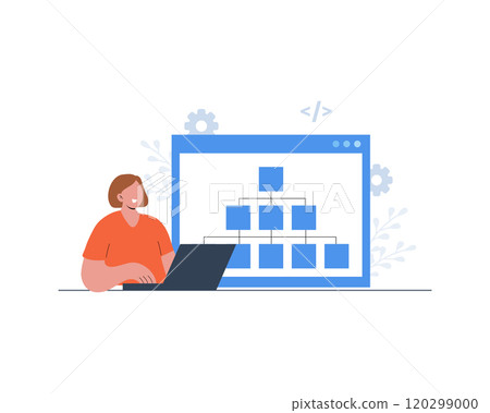 Sitemap creation. Website creation tool. Female developer with laptop. Online software and web page structure. UX designer workflow. Vector illustration in cartoon style Sitemap creation. Website creation tool. Female developer with laptop. Online software and web page structure. UX designer workflow. Vector illustration in cartoon style 120299000