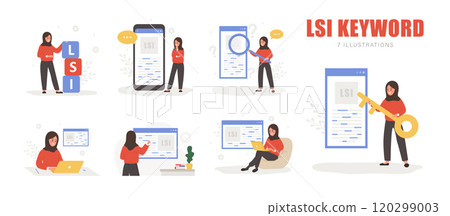 Lsi keyword. Latent Semantic Indexing. Key phrases generator. Set of Vector illustrations in cartoon style. Arabian female characters are engaged and word search optimization 120299003