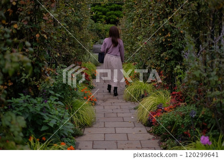 花園裡鮮花環繞的女人的後視圖 花園裡鮮花環繞的女人的後視圖 120299641