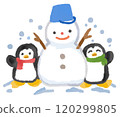 Two penguins playing and making a snowman 120299805