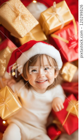 Smiling toddler wearing Santa hat surrounded by golden gift boxes Christmas 120299826