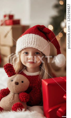Smiling young girl Santa hat knitted toy bear gift box cozy Christmas setting 120299827