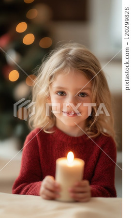 Young girl red sweater holding candle warm glow cozy Christmas atmosphere tree Young girl red sweater holding candle warm glow cozy Christmas atmosphere tree 120299828