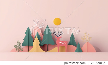 Abstract paper-cut Christmas forest scene reindeer pastel trees pink background 120299834