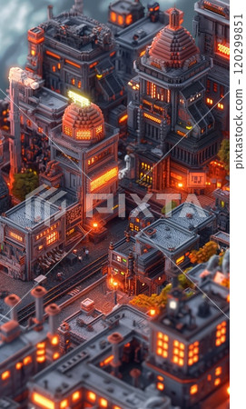 Detailed digital rendering of a fantasy steampunk cityscape with illuminated buildings at night 120299851