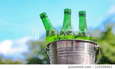 Green beer bottle rest in a bucket of ice, symbolizing refreshment and relaxation, perfect for unwinding during social gatherings or celebrating special moments. 120300401
