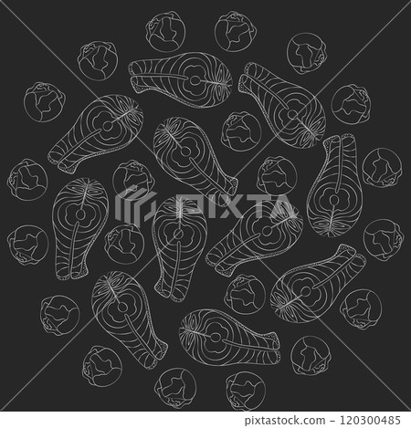 Outline Brussels sprout heads and Salmon steaks White on Black Circle Background. Healthy food fond 120300485