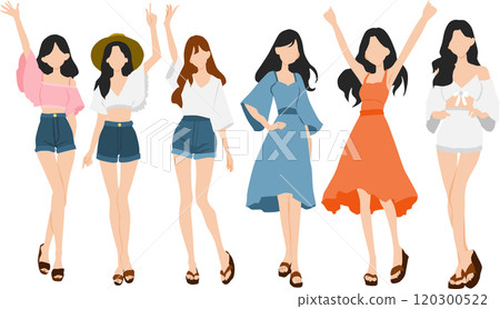 Illustration set of women wearing summer clothes Illustration set of women wearing summer clothes 120300522