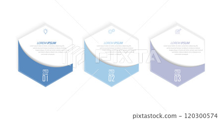 Business Infographics. 3 steps to achieve the result. Stages of development, workflow, marketing or plan. Business strategy with icons. Diagram of the report, statistics and training. 120300574