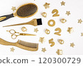 Banner with golden hairdressing tools numbers 2025. Horizontal winter holiday flatlay with hair salon accessories, Christmas balls stars . 120300729