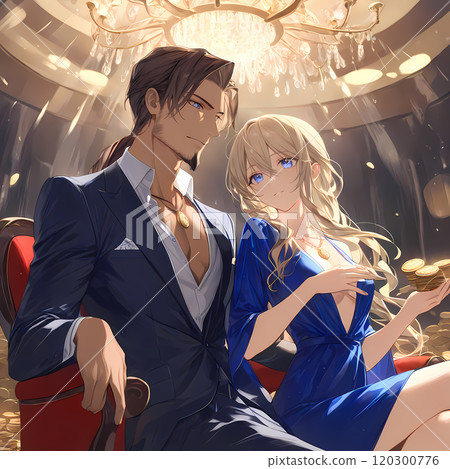 一個在賭場獲勝的男人和一個依偎在他身邊的金髮女人。一對夫婦坐在豪華的椅子上。動漫風格AI插畫 一個在賭場獲勝的男人和一個依偎在他身邊的金髮女人。一對夫婦坐在豪華的椅子上。動漫風格AI插畫 120300776