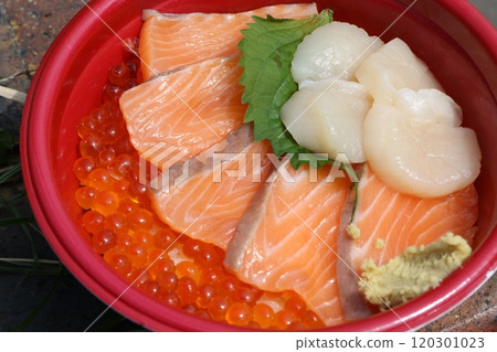Seafood bowl at Karato Market in Shimonoseki, Yamaguchi Prefecture 120301023