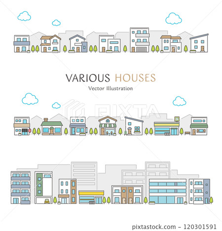A set of simple and cute vector illustrations of a streetscape with houses, shops, apartments and other buildings 120301591
