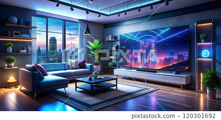 Modern Lounge with Neon Accents and Wall-Mounted High-Tech Display 120301692