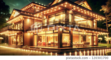 A Cozy Cottage Decorated with Bright Lights for New Year Celebration 120301700