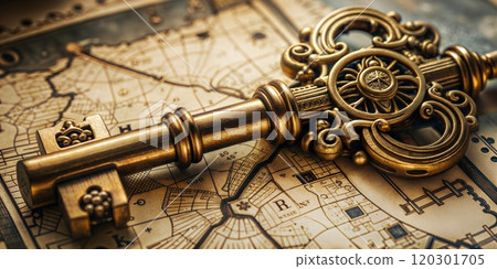 Vintage Key with Decorative Engravings on an Antique Style Background 120301705