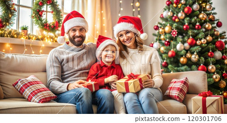Happy parents with son at home, festive family photo for New Year 120301706