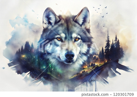 Bold Watercolor Wolf Head Design Amidst Lush Forest Landscape 120301709