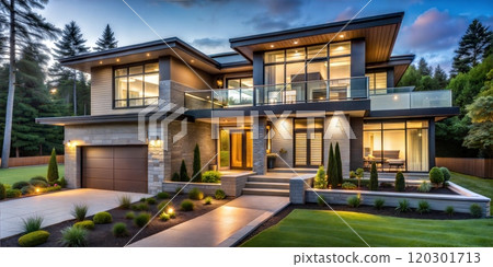 Futuristic Home with Glass Windows, Illuminated Facade, and Green Backyard 120301713