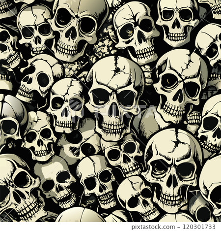 Eerie Pile of Human Skulls Evoking Horror and Gruesome Imagery 120301733