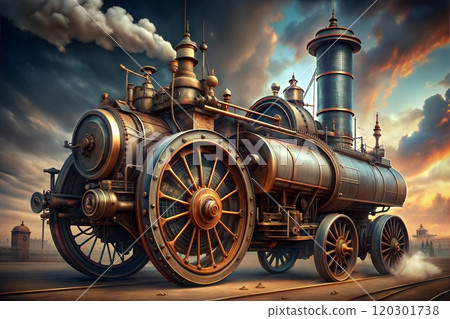 Retro-Futuristic Steam-Powered Train with Mechanical Design 120301738