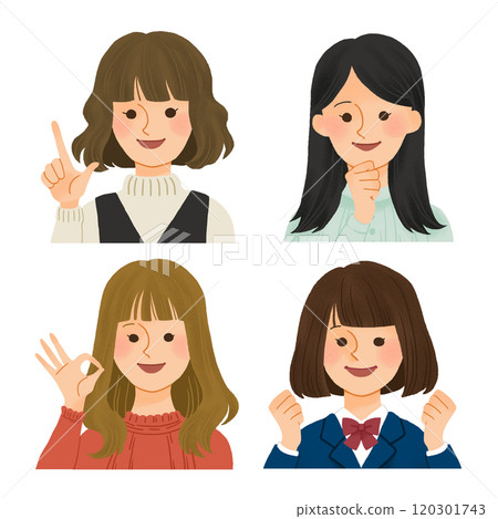 Various young women's upper bodies_hand-drawn illustrations 120301743