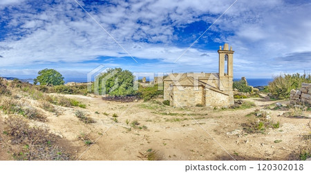 Historic church in the abandoned village of Occi in western Corsica with sea and mountain views 120302018