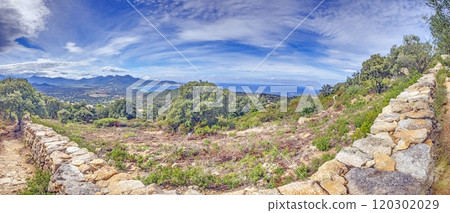 Panoramic view of the western Corsican coastline from the historic abandoned village of Occi 120302029