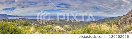 Panoramic view of the western Corsican coastline from the historic abandoned village of Occi 120302036