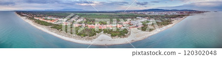 Drone panorama over Livorno beach in summer showing coastline sandy shore and nearby buildings Drone panorama over Livorno beach in summer showing coastline sandy shore and nearby buildings 120302048