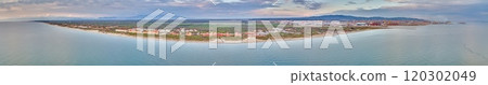 Drone panorama over Livorno beach in summer showing coastline sandy shore and nearby buildings Drone panorama over Livorno beach in summer showing coastline sandy shore and nearby buildings 120302049