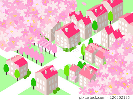 Isometric cityscape with cherry blossoms 120302155