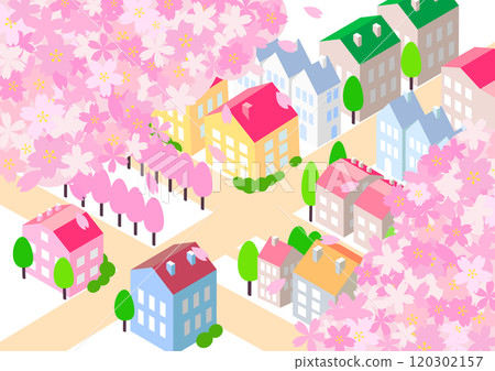 Isometric cityscape with cherry blossoms 120302157