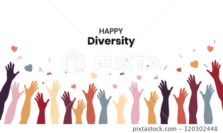 Raised hands of volunteer group, colorful banner. 120302448