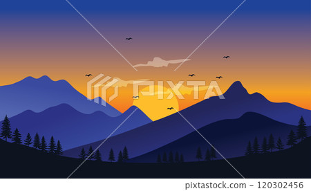 Adventure mountains sunset background with orange and blue light reflection and pine trees lined up. Background illustration. 120302456