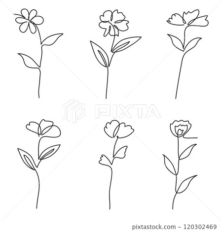 Single line art vector flower illustration collection.One continuous line art.Vector illustration 120302469