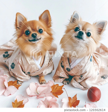 Pomeranian in a kimono 120302614
