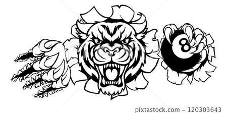 Tiger Angry Pool 8 Ball Billiards Mascot Cartoon Tiger Angry Pool 8 Ball Billiards Mascot Cartoon 120303643