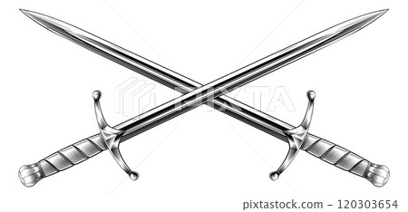 Crossed Medieval Swords Vintage Style Illustration 120303654