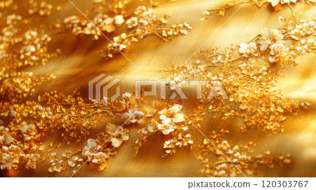 Golden fabric with cherry blossom pattern 120303767