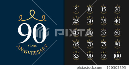 Premium anniversary logotype set. Golden anniversary celebration emblem design. Premium anniversary logotype set. Golden anniversary celebration emblem design. 120303893