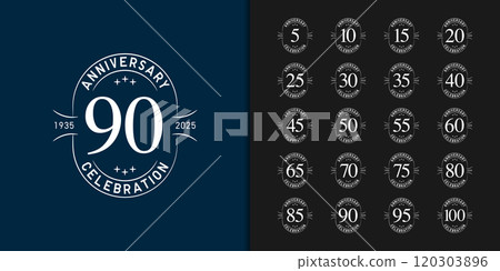 Trendy anniversary logotype set. Modern geometric anniversary celebration icons design. 120303896