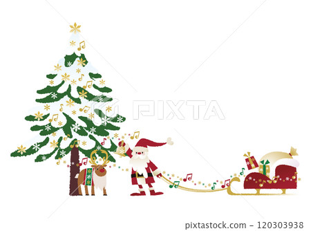 Santa Claus pulling a sleigh, reindeer and snow-covered fir tree_collection style Santa Claus pulling a sleigh, reindeer and snow-covered fir tree_collection style 120303938