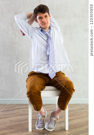 Physical jerks for office workers on chair Physical jerks for office workers on chair 120303959